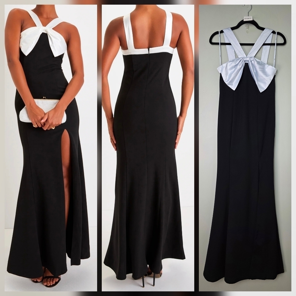 Lulus Luxurious Outlook Small Black and Silver/Gray Bow Mermaid Maxi Dress, S
